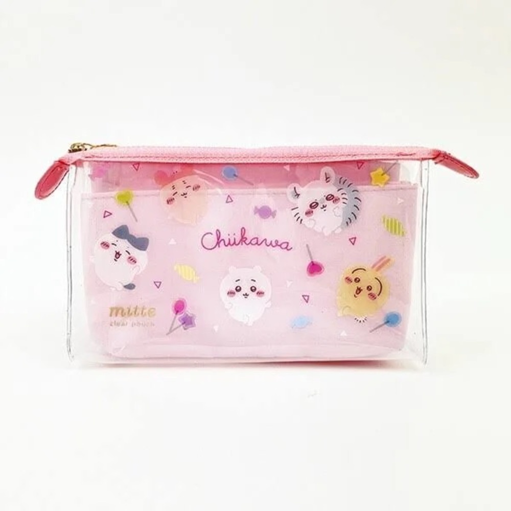 BNWT Japan Chiikawa Stationery Pen Case Clear Pouch - Pink Mat Mitte Lollipop